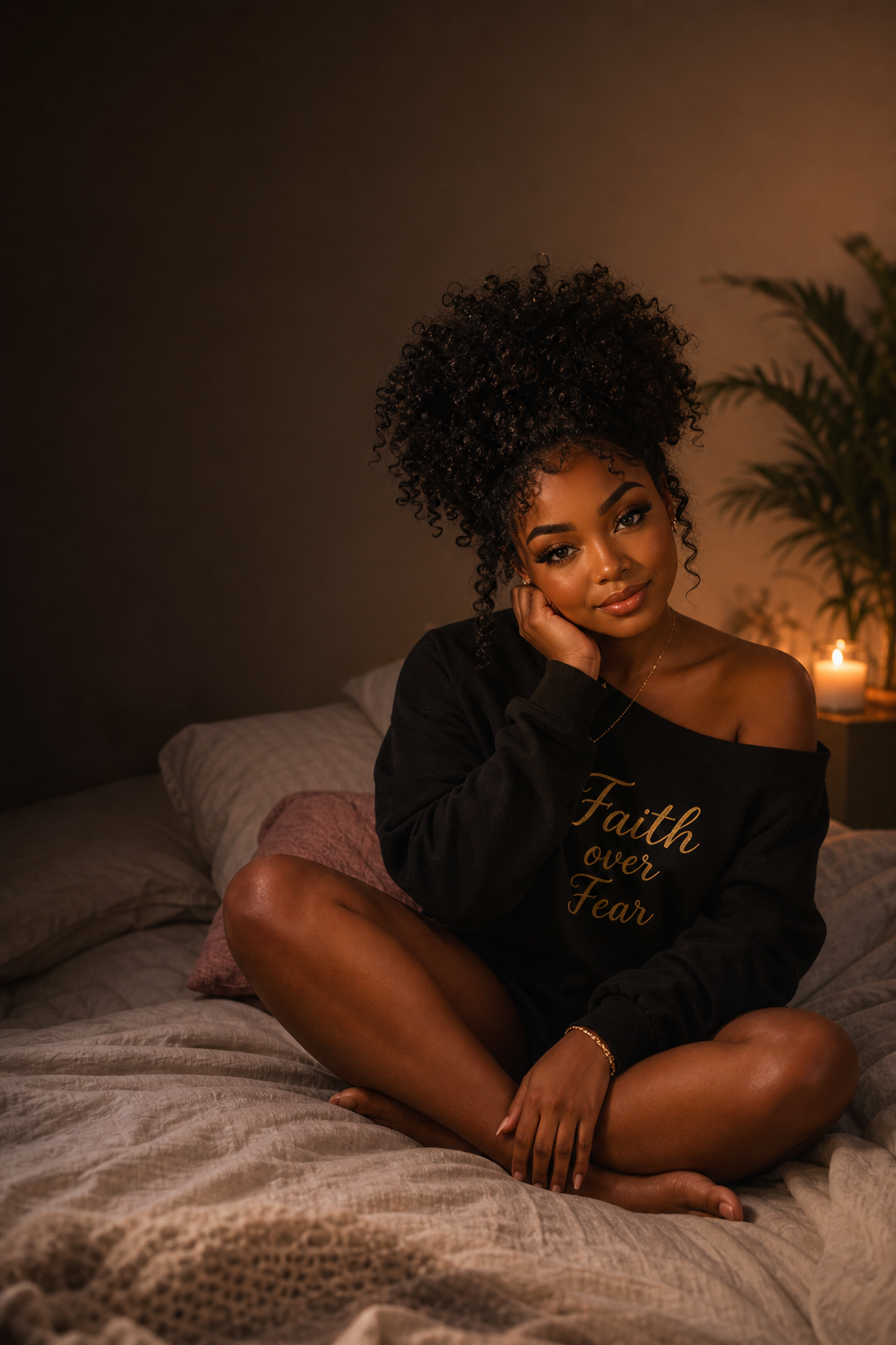 Woman in a Faith over Fear sweatshirt sitting in a candlelit room